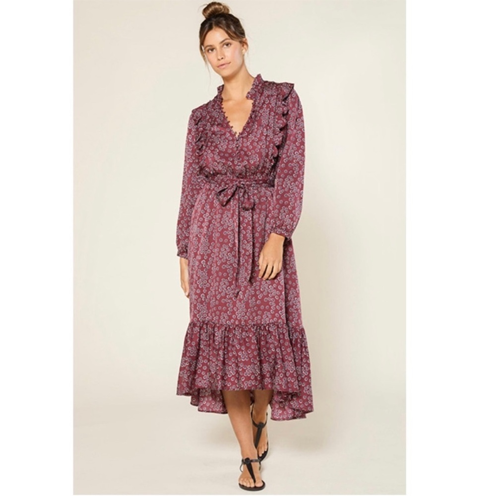 Outerknown Stardust Floral Ruffle Midi‎ Dress in Purple Size Small